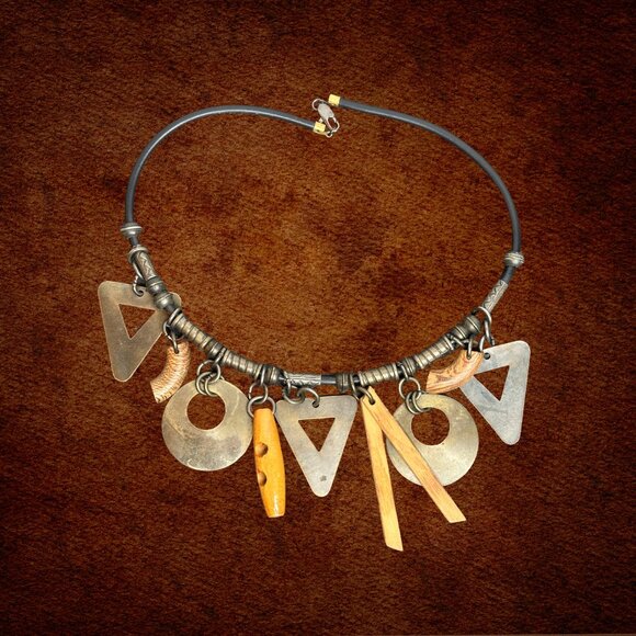 Vintage Brass & Wood Statement Necklace with Geometric Patterns - Picture 1 of 5